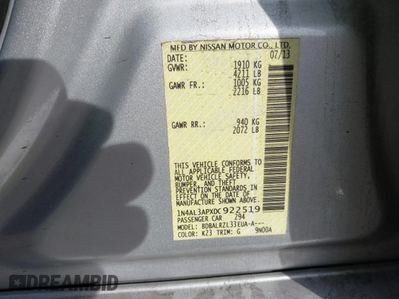 2013 Nissan Altima 2.5 S with VIN 1N4AL3APXDC922519, listed as a IAAI auction lot 41181911 with 103,145 mi miles and . Bid and sale history available at carsss.com. Image 9.