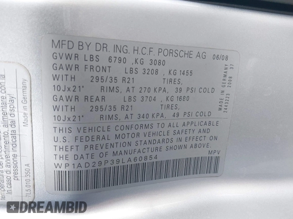 2009 Porsche Cayenne GTS with VIN WP1AD29P39LA60854, listed as a IAAI auction lot 42034711 with 116,015 mi miles and . Bid and sale history available at DreamBid. Image 9.