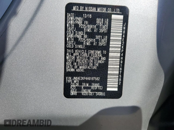 2017 Nissan Quest SV with VIN JN8AE2KP4H9167582, listed as a Copart auction lot 45763295 with 125,020 mi miles and Salvage Title. Bid and sale history available at carsss.com. Image 13.