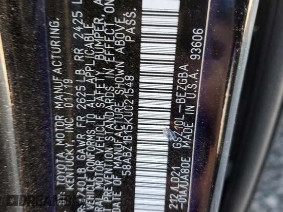 2019 Lexus ES 350 with VIN 58ABZ1B15KU021548, listed as a Copart auction lot 49694775 with 94,645 mi miles and Salvage Title. Bid and sale history available at DreamBid. Image 14.