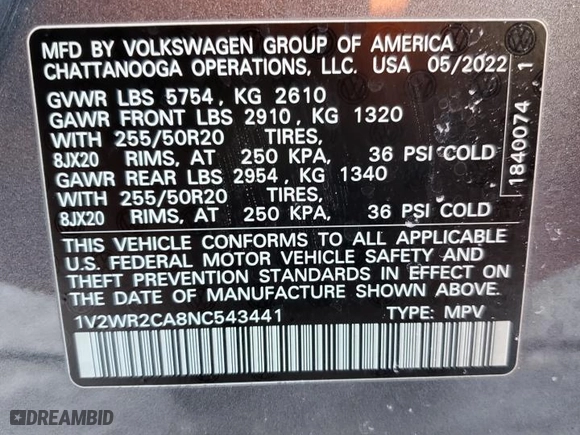 2022 Volkswagen Atlas 3.6L V6 SE w/Technology with VIN 1V2WR2CA8NC543441, listed as a Copart auction lot 87537335 with 64,933 mi miles and Non Repairable. Bid and sale history available at carsss.com. Image 14.