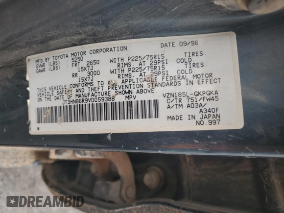 1997 Toyota 4Runner SR5 z VIN JT3HN86R9V0059388, wystawiony jako Copart lot #59231815 z przebiegiem 310 270 mil mil oraz Szkoda całkowita • Salvage title. Historia ofert i sprzedaży dostępna na DreamBid. Obrazek 13.