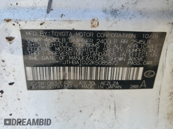 2019 Lexus IS 300 z VIN JTHBA1D22K5085872, wystawiony jako Copart lot #89289775 z przebiegiem 80 862 mil mil oraz Szkoda całkowita • Salvage title. Historia ofert i sprzedaży dostępna na DreamBid. Obrazek 12.