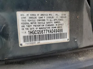 2000 Honda Accord SE with VIN 1HGCG5677YA049486, listed as a Copart auction lot 58548565 with 267,067 mi miles and Salvage title. Bid and sale history available at DreamBid. Image 13.