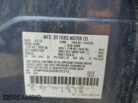 2019 Ford Edge Titanium with VIN 2FMPK4K99KBC01212, listed as a Copart auction lot 57450365 with 52,720 mi miles and Salvage title. Bid and sale history available at DreamBid. Image 13.