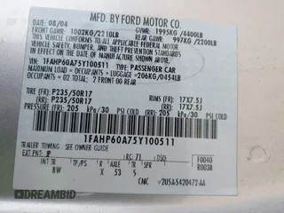 2005 Ford Thunderbird Deluxe with VIN 1FAHP60A75Y100511, listed as a IAAI auction lot 41550644 with Not Provided miles and . Bid and sale history available at DreamBid. Image 9.