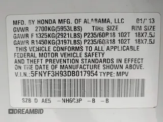 2013 Honda Pilot Touring with VIN 5FNYF3H93DB017954, listed as a IAAI auction lot 42185556 with 174,929 mi miles and . Bid and sale history available at carsss.com. Image 9.
