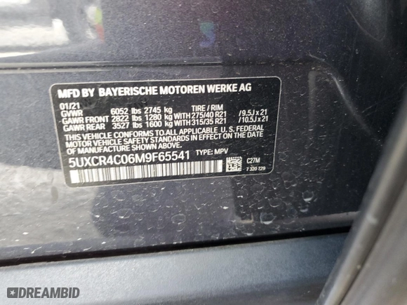 2021 BMW X5 sDrive40i with VIN 5UXCR4C06M9F65541, listed as a Copart auction lot 46525585 with 55,152 mi miles and Salvage Title. Bid and sale history available at carsss.com. Image 14.