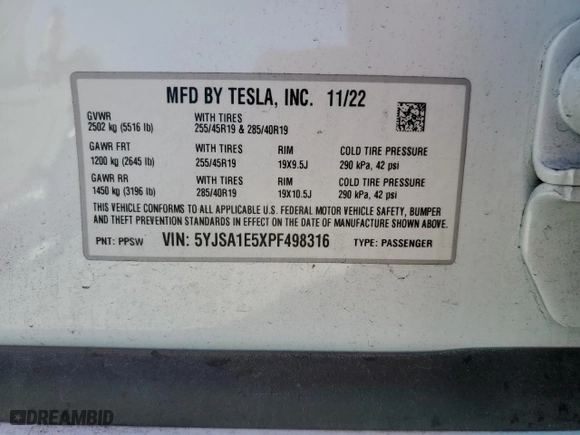 2023 Tesla Model S with VIN 5YJSA1E5XPF498316, listed as a Copart auction lot 48745755 with 0 mi miles and Salvage Title. Bid and sale history available at carsss.com. Image 15.