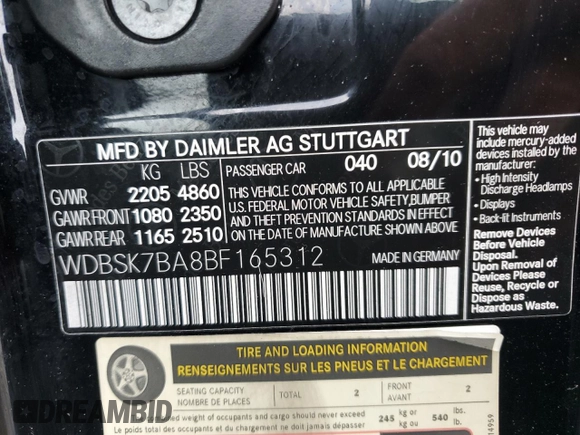 2011 Mercedes-Benz SL 550 with VIN WDBSK7BA8BF165312, listed as a Copart auction lot 51907465 with 32,057 mi miles and Salvage title. Bid and sale history available at DreamBid. Image 12.