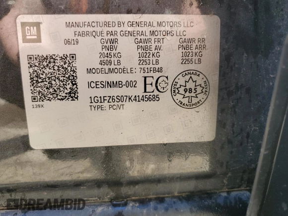 2019 Chevrolet Bolt EV Premier z VIN 1G1FZ6S07K4145685, wystawiony jako Copart lot #58648505 z przebiegiem 157 613 mil mil oraz Szkoda całkowita • Salvage title. Historia ofert i sprzedaży dostępna na DreamBid. Obrazek 12.