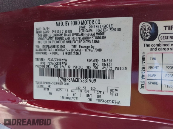 2014 Ford Mustang V6 with VIN 1ZVBP8AM3E5331909, listed as a IAAI auction lot 41843849 with 141,514 mi miles. Bid and sale history available at carsss.com. Image 9.