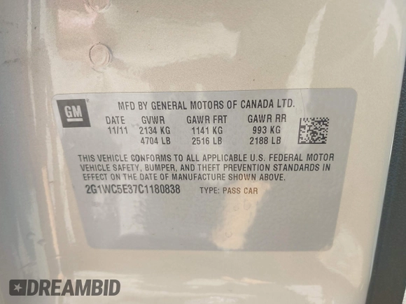 2012 Chevrolet Impala LTZ with VIN 2G1WC5E37C1180838, listed as a IAAI auction lot 41976474 with 107,397 mi miles and . Bid and sale history available at DreamBid. Image 9.