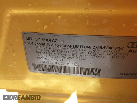 2007 Audi S4 z VIN WAUGL78E67A097172, wystawiony jako IAAI lot #41451188 z przebiegiem 160 916 mil mil oraz . Historia ofert i sprzedaży dostępna na DreamBid. Obrazek 9.