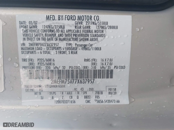 2007 Mercury Grand Marquis LS with VIN 2MEFM75V77X637957, listed as a IAAI auction lot 41520607 with 168,313 mi miles. Bid and sale history available at carsss.com. Image 9.