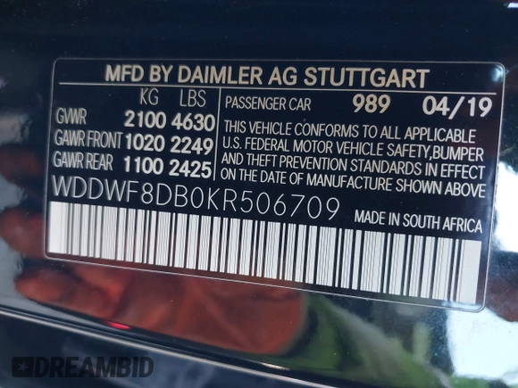 2019 Mercedes-Benz C 300 with VIN WDDWF8DB0KR506709, listed as a IAAI auction lot 41835690 with 58,606 mi miles and . Bid and sale history available at DreamBid. Image 9.