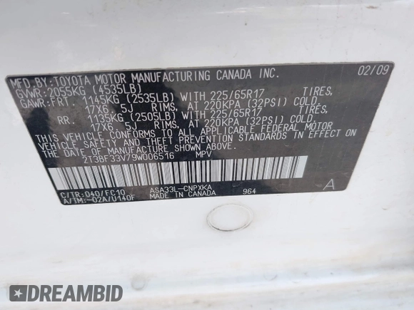 2009 Toyota RAV4 with VIN 2T3BF33V79W006516, listed as a IAAI auction lot 42118979 with 200,299 mi miles and . Bid and sale history available at DreamBid. Image 9.