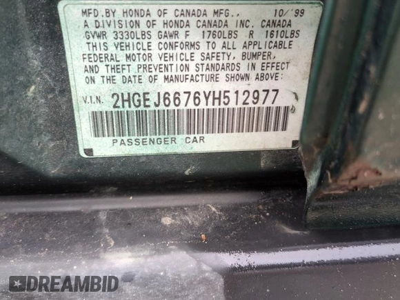 2000 Honda Civic LX with VIN 2HGEJ6676YH512977, listed as a Copart auction lot 50985455 with 242,759 mi miles and Salvage Title. Bid and sale history available at DreamBid. Image 12.