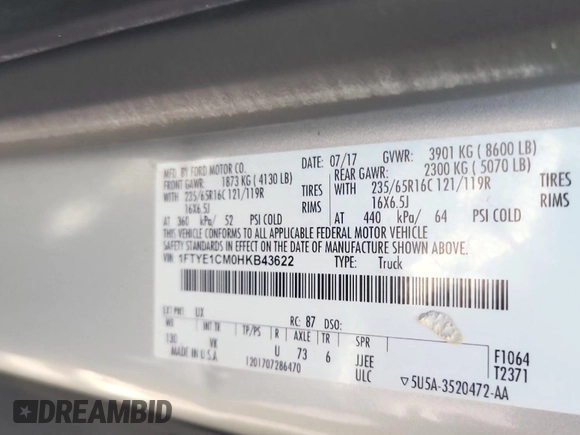 2017 Ford Transit Cargo with VIN 1FTYE1CM0HKB43622, listed as a IAAI auction lot 42670548 with 202,530 mi miles and . Bid and sale history available at DreamBid. Image 40.