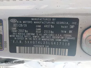 2020 Kia Optima LX with VIN 5XXGT4L35LG417118, listed as a IAAI auction lot 42065294 with Not Provided miles and . Bid and sale history available at carsss.com. Image 9.