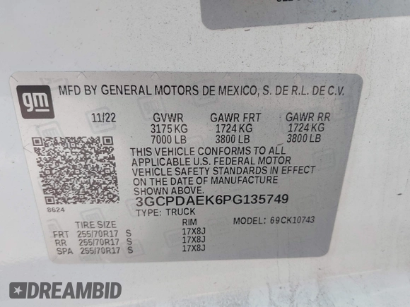 2023 Chevrolet Silverado 1500 with VIN 3GCPDAEK6PG135749, listed as a IAAI auction lot 41448339 with 52,026 mi miles and . Bid and sale history available at DreamBid. Image 9.