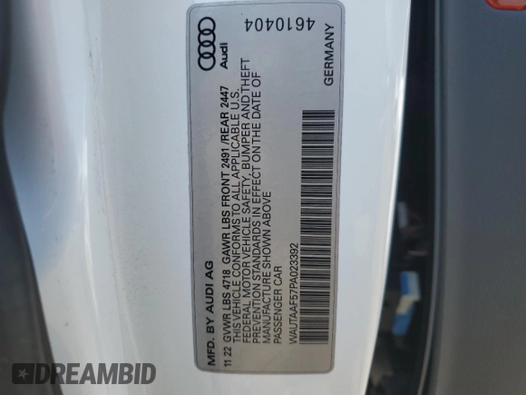 2023 Audi A5 S line Premium Plus z VIN WAUTAAF57PA023392, wystawiony jako Copart lot #61999744 z przebiegiem 3 918 mil mil oraz Szkoda całkowita • Salvage title. Historia ofert i sprzedaży dostępna na DreamBid. Obrazek 13.
