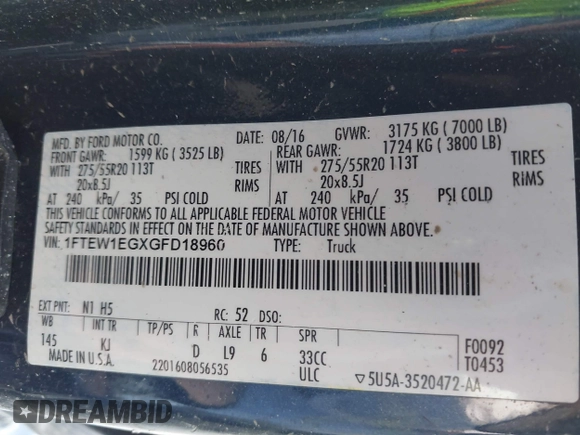 2016 Ford F-150 XLT with VIN 1FTEW1EGXGFD18960, listed as a IAAI auction lot 41784667 with Not provided miles and . Bid and sale history available at DreamBid. Image 9.