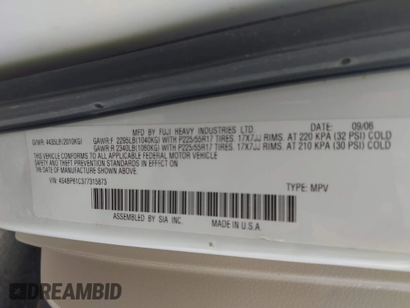2007 Subaru Legacy Outback z VIN 4S4BP61C377315873, wystawiony jako IAAI lot #42513309 z przebiegiem 213 244 mil mil oraz . Historia ofert i sprzedaży dostępna na DreamBid. Obrazek 9.
