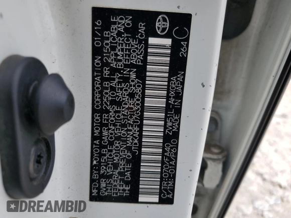 2016 Toyota Prius Four with VIN JTDKARFU7G3005807, listed as a Copart auction lot 54584295 with 67,130 mi miles and Salvage Title. Bid and sale history available at DreamBid. Image 13.