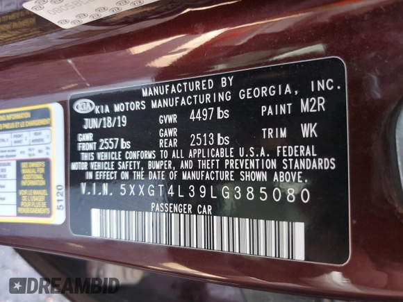 2020 Kia Optima LX with VIN 5XXGT4L39LG385080, listed as a Copart auction lot 58783875 with 117,126 mi miles and Salvage title. Bid and sale history available at DreamBid. Image 12.