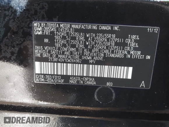 2012 Toyota RAV4 Sport with VIN 2T3RF4DV1CW264962, listed as a IAAI auction lot 41471517 with 63,699 mi miles. Bid and sale history available at carsss.com. Image 6.