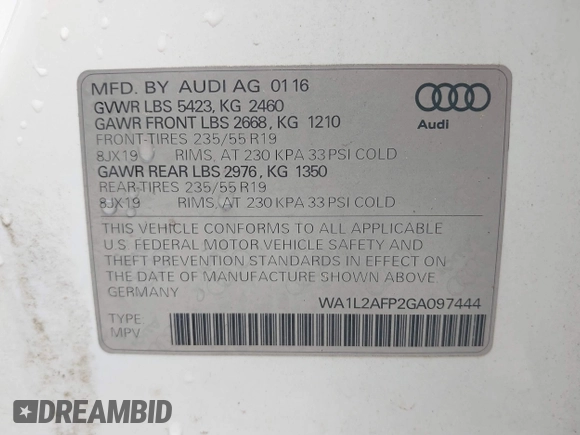 2016 Audi Q5 Premium Plus with VIN WA1L2AFP2GA097444, listed as a IAAI auction lot 42351572 with 82,539 mi miles and . Bid and sale history available at DreamBid. Image 9.