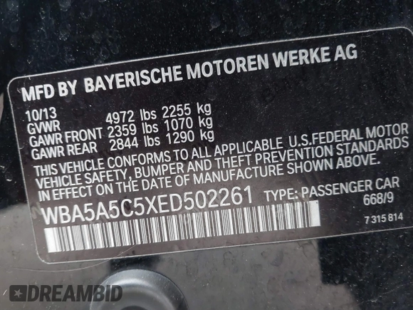 2014 BMW 5 Series 528i with VIN WBA5A5C5XED502261, listed as a IAAI auction lot 41418334 with 139,983 mi miles. Bid and sale history available at carsss.com. Image 9.