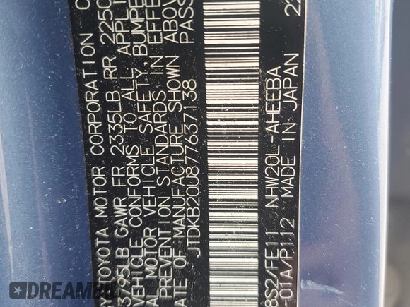 2007 Toyota Prius with VIN JTDKB20U877637138, listed as a Copart auction lot 60864155 with 263,797 mi miles and Clean title. Bid and sale history available at DreamBid. Image 12.