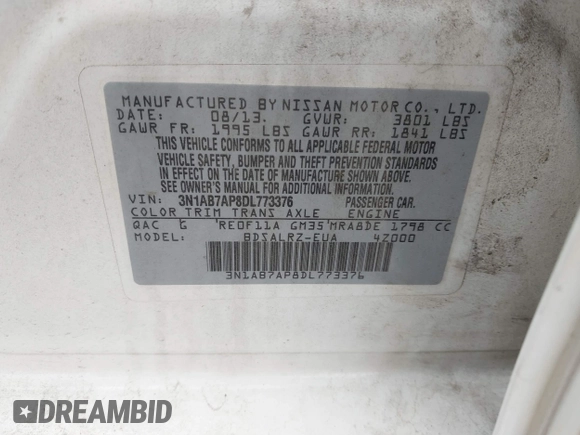 2013 Nissan Sentra SR z VIN 3N1AB7AP8DL773376, wystawiony jako IAAI lot #42269634 z przebiegiem 121 605 mil mil oraz . Historia ofert i sprzedaży dostępna na DreamBid. Obrazek 9.
