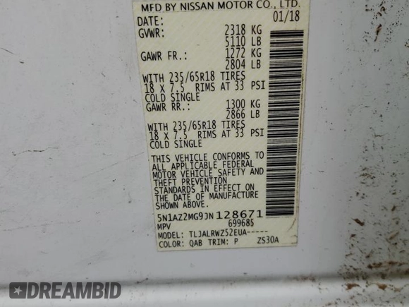 2018 Nissan Murano SL z VIN 5N1AZ2MG9JN128671, wystawiony jako Copart lot #54950575 z przebiegiem 100 712 mil mil oraz Szkoda całkowita • Salvage title. Historia ofert i sprzedaży dostępna na DreamBid. Obrazek 13.