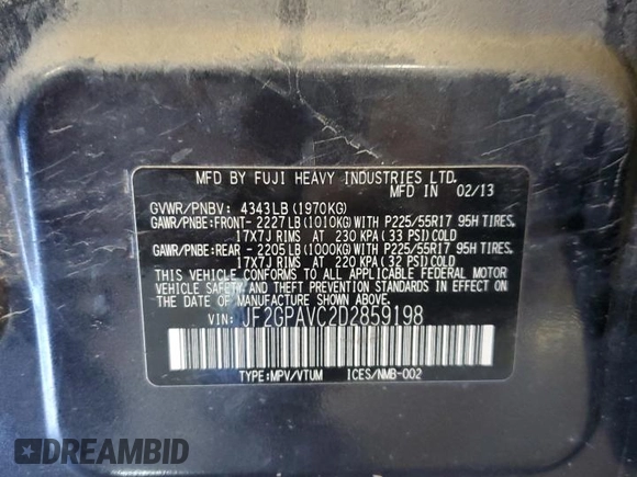 2013 Subaru Crosstrek Premium with VIN JF2GPAVC2D2859198, listed as a Copart auction lot 61672995 with 140,839 mi miles and Salvage title. Bid and sale history available at DreamBid. Image 14.