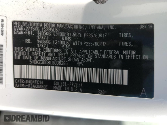 2020 Toyota Sienna LE Auto Access Seat с VIN 5TDKZ3DC8LS038386, выставлен на аукционе Copart как лот 57040115 с пробегом 87 245 миль миль и Списание • Salvage title. История ставок и продаж доступна на DreamBid. Изображение 14.