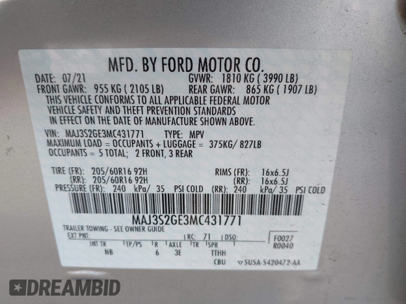 2021 Ford EcoSport SE with VIN MAJ3S2GE3MC431771, listed as a IAAI auction lot 41989483 with 33,778 mi miles and . Bid and sale history available at DreamBid. Image 9.
