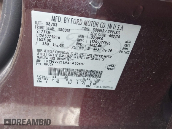 2004 Ford F-250 XL with VIN 1FTNW21L94EA30681, listed as a IAAI auction lot 42452757 with 238,052 mi miles and . Bid and sale history available at DreamBid. Image 9.