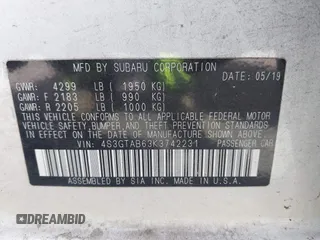 2019 Subaru Impreza with VIN 4S3GTAB63K3742231, listed as a IAAI auction lot 40848857 with 1 mi miles. Bid and sale history available at carsss.com. Image 9.