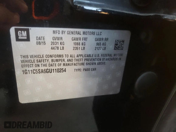 2016 Chevrolet Malibu LT with VIN 1G11C5SA6GU110254, listed as a Copart auction lot 77320444 with 154,161 mi miles and Salvage Title. Bid and sale history available at DreamBid. Image 14.