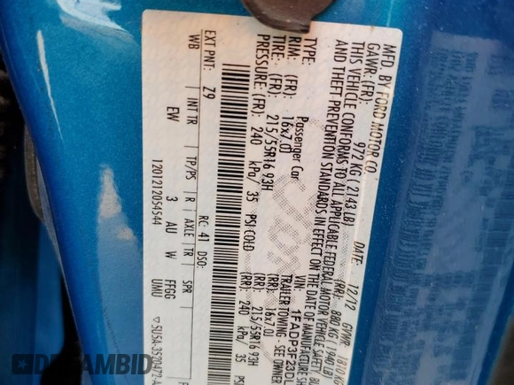 2013 Ford Focus SE with VIN 1FADP3F23DL208259, listed as a Copart auction lot 62009465 with 218,363 mi miles and Salvage title. Bid and sale history available at DreamBid. Image 12.