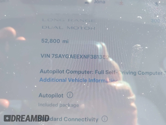 2022 Tesla Model Y Long Range with VIN 7SAYGAEEXNF381389, listed as a IAAI auction lot 41613075 with 52,800 mi miles and . Bid and sale history available at carsss.com. Image 7.