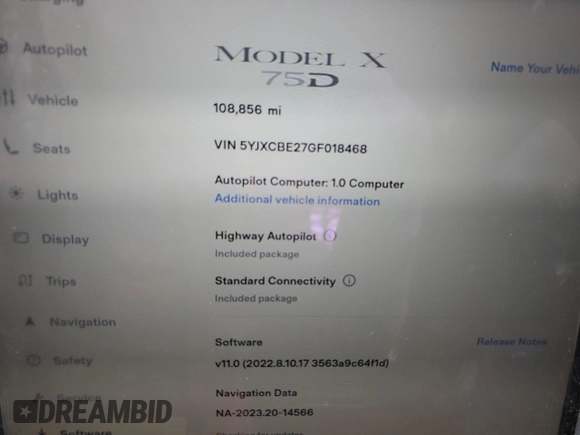 2016 Tesla Model X 70D z VIN 5YJXCBE27GF018468, wystawiony jako Copart lot #78384424 z przebiegiem 108 856 mil mil oraz Nie do naprawy • Non repairable. Historia ofert i sprzedaży dostępna na DreamBid. Obrazek 9.