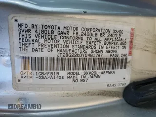 2000 Toyota Camry CE with VIN JT2BG22K0Y0461797, listed as a Copart auction lot 53646765 with 143,315 mi miles and Salvage Title. Bid and sale history available at carsss.com. Image 14.