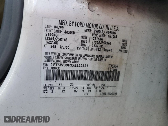 1999 Ford F-350 XL with VIN 1FTSW30F3XEE22631, listed as a Copart auction lot 83521754 with 368,980 mi miles and Salvage title. Bid and sale history available at DreamBid. Image 13.