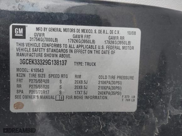 2009 Chevrolet Silverado 1500 LTZ with VIN 3GCEK33329G138137, listed as a IAAI auction lot 41145088 with 207,522 mi miles. Bid and sale history available at carsss.com. Image 9.