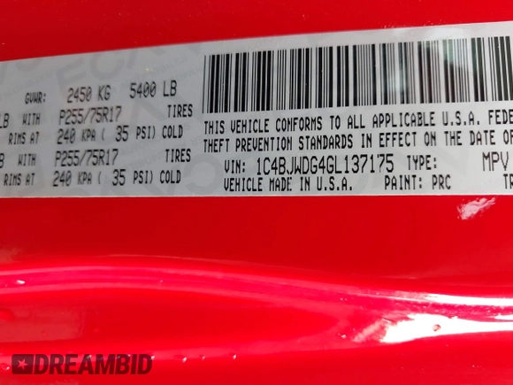 2016 Jeep Wrangler Unlimited Sport with VIN 1C4BJWDG4GL137175, listed as a IAAI auction lot 42388587 with 160,337 mi miles and . Bid and sale history available at DreamBid. Image 9.