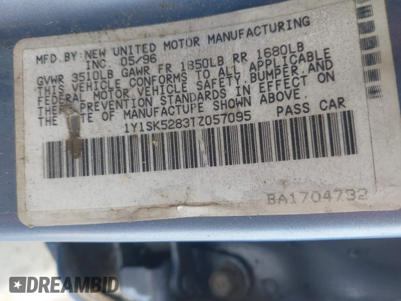 1996 Chevrolet Prizm z VIN 1Y1SK5283TZ057095, wystawiony jako IAAI lot #41676394 z przebiegiem 199 114 mil mil oraz . Historia ofert i sprzedaży dostępna na DreamBid. Obrazek 9.